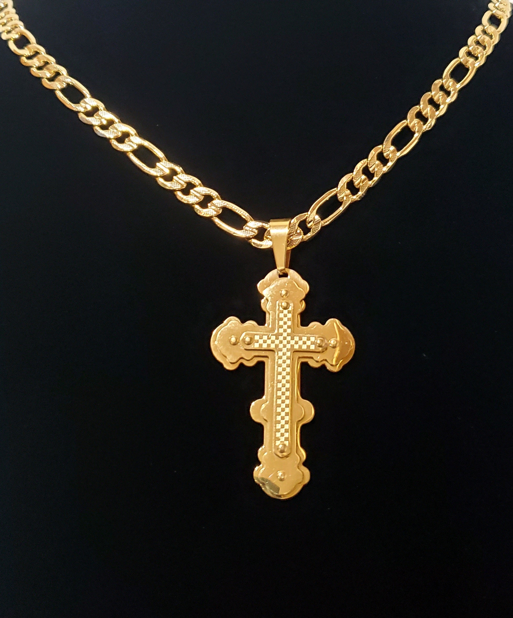 14k Gold plated cross necklace cadena figaro chain Pendant cruz oro laminado