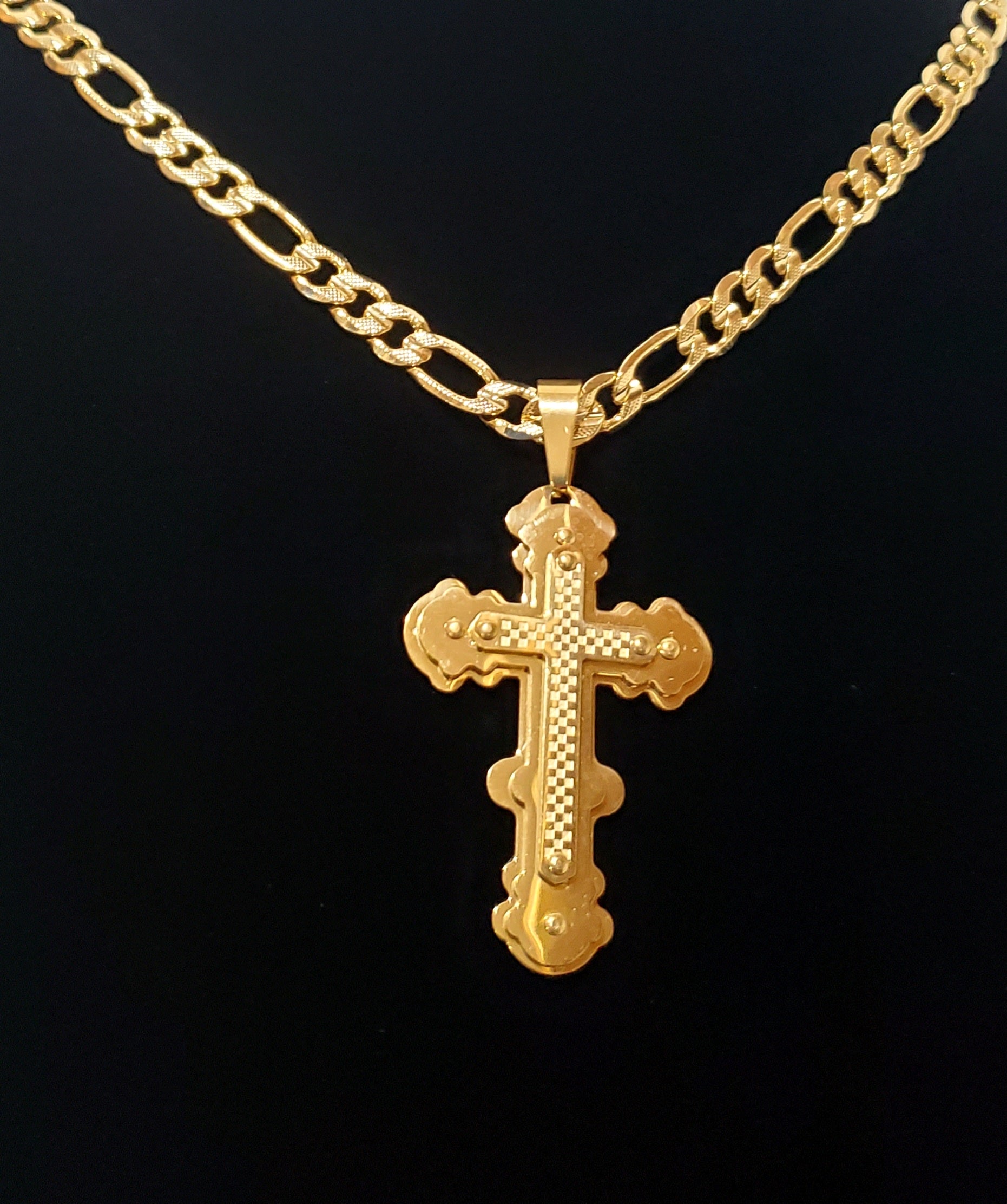 14k Gold plated cross necklace cadena figaro chain Pendant cruz oro laminado