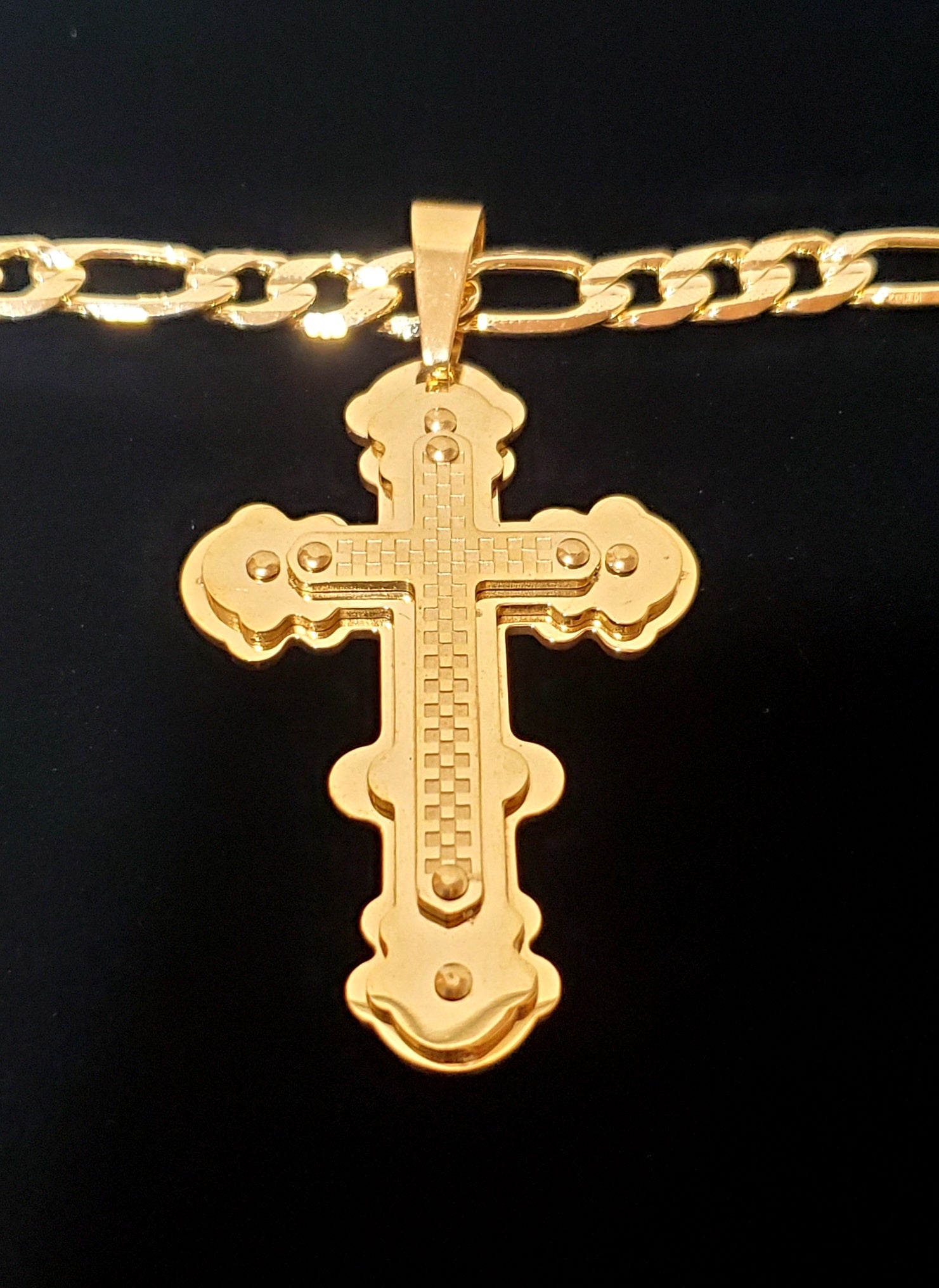 14k Gold plated cross necklace cadena figaro chain Pendant cruz oro laminado