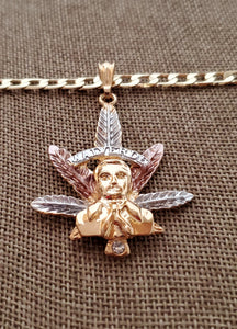 Malverde weed 3 Gold plated necklace cadena figaro chain Pendant oro laminado