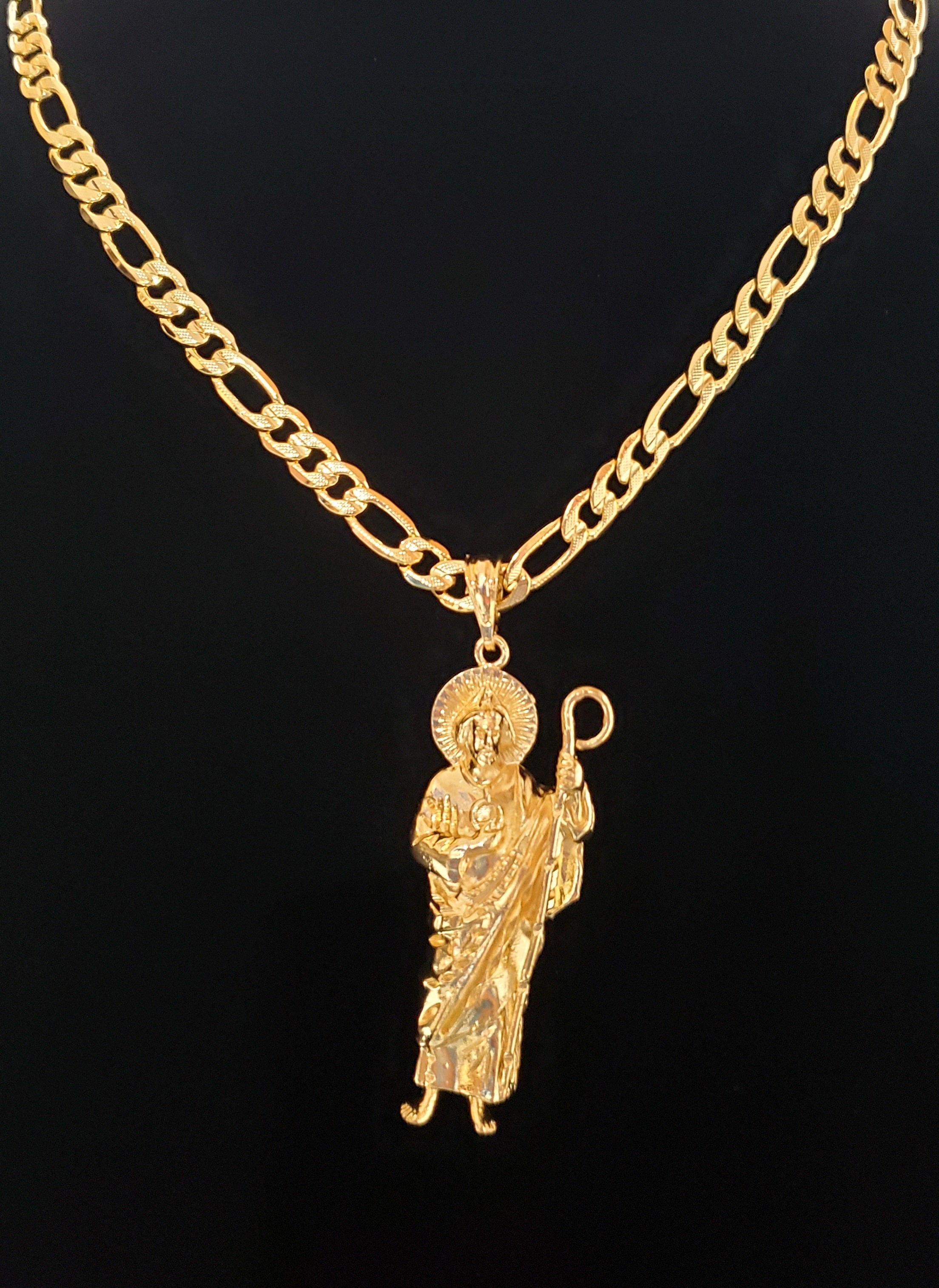 San judas con cadena saint Jude necklace figaro chain Pendant 14k gold plated