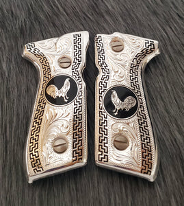 Rooster gallos Beretta 92fs mexican style cachas grips custom 24k gold plated