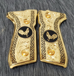 Rooster gallos Beretta 92fs mexican style cachas grips custom 24k gold plated