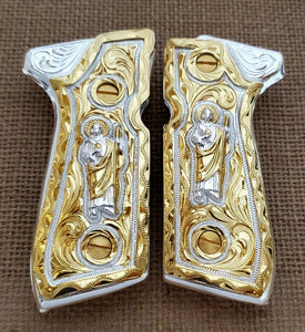 San judas saint jude custom made premium cachas pistol grips 24k gold Plated beretta 92fs