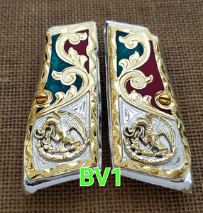 Browning highpower many mexican style grips cachas Handmade engraved 24k gold plated