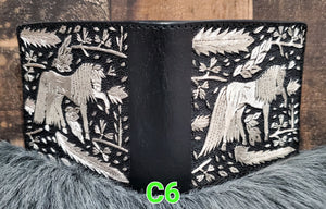 Horses caballos Hilo de plata money cartera wallet artesanal piteada bordada a mano hand crafted mexican custom work in silver thread Made in mexico