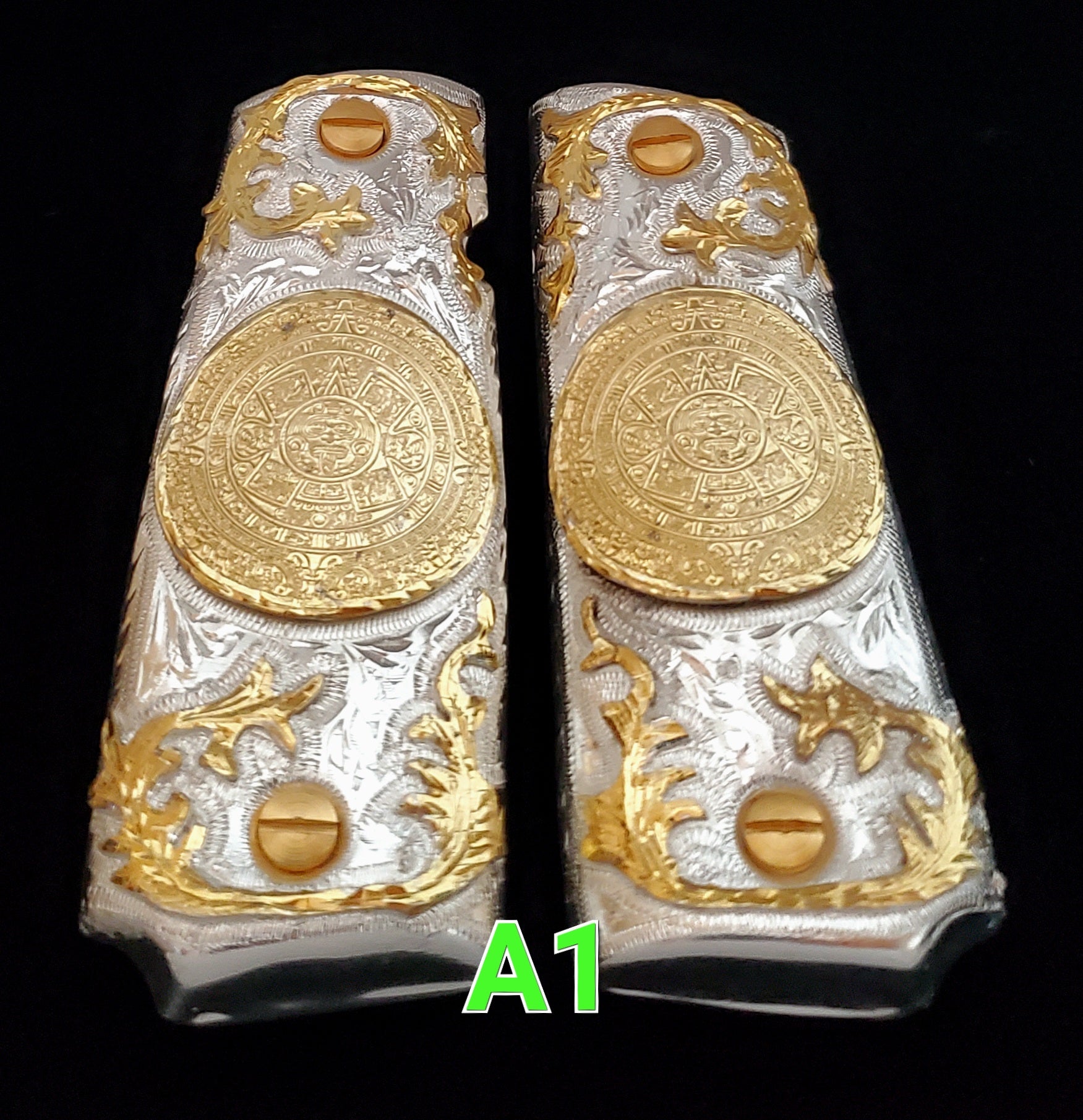 Calendario azteca cachas gun grips 1911full size custom engraved 24k gold plated