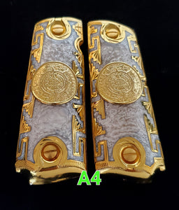 Calendario azteca cachas gun grips 1911full size custom engraved 24k gold plated