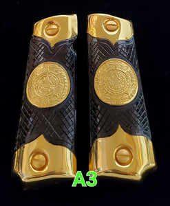 Calendario azteca cachas gun grips 1911full size custom engraved 24k gold plated