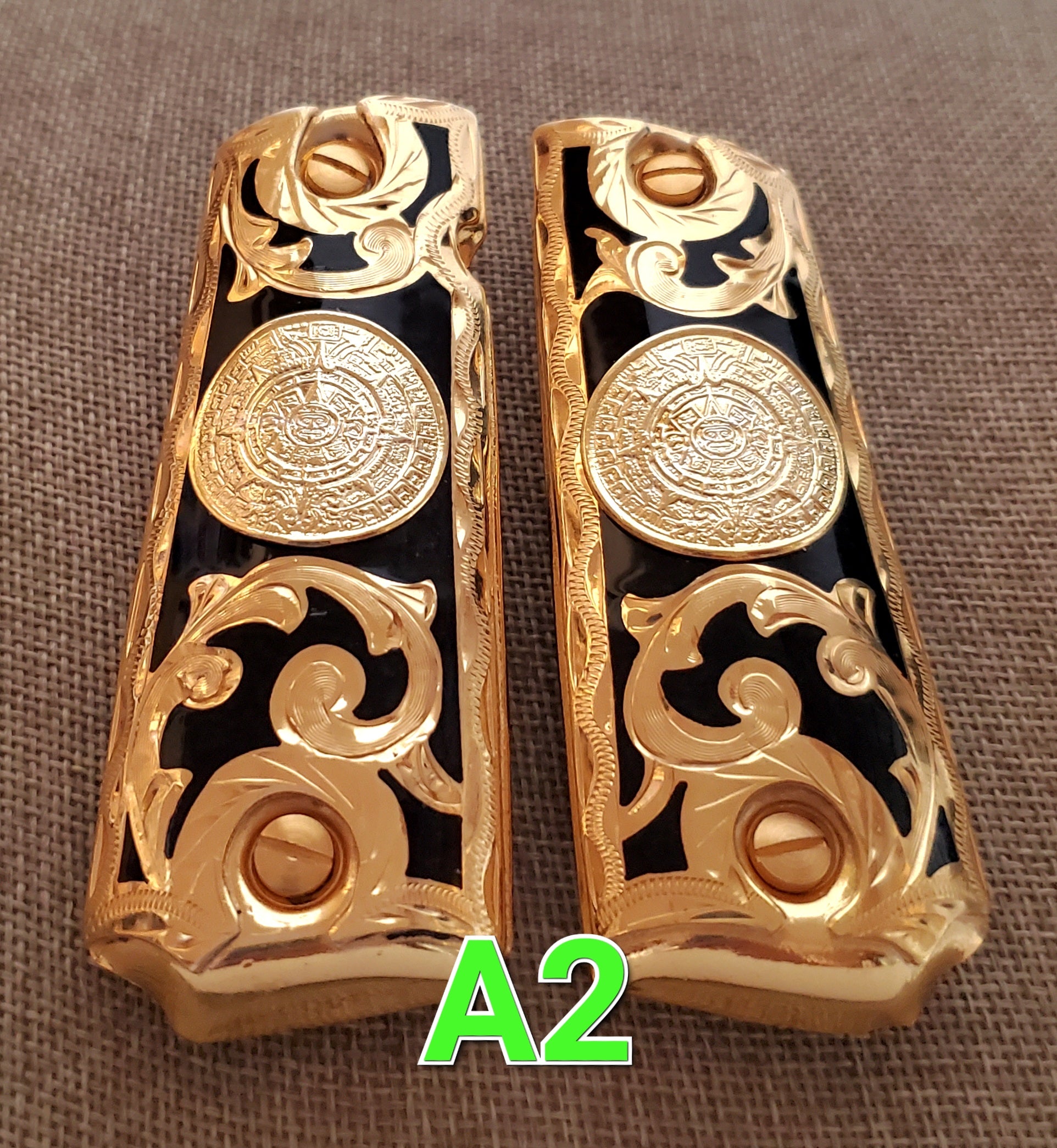 Calendario azteca cachas gun grips 1911full size custom engraved 24k gold plated