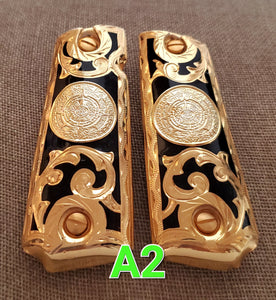 Calendario azteca cachas gun grips 1911full size custom engraved 24k gold plated