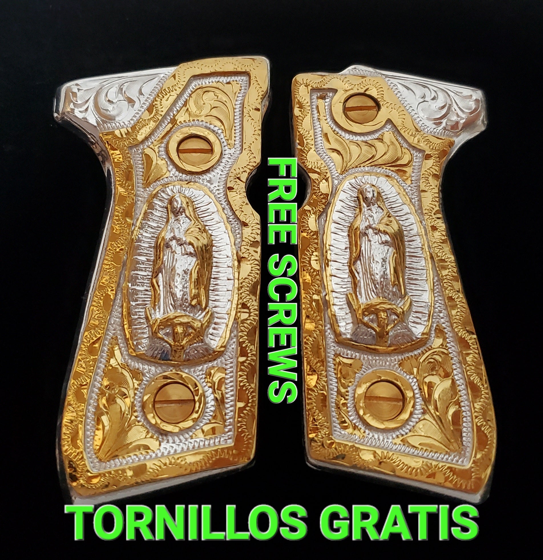 Virgin virgen de guadalupe Beretta 92fs cachas 24k gold Plated best mexican engraved Grips