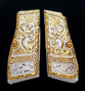 Browning highpower many mexican style grips cachas Handmade engraved 24k gold plated