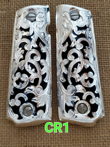 Floral rameado style 1911 full size custom premium gun grips cachas gold and silver plated