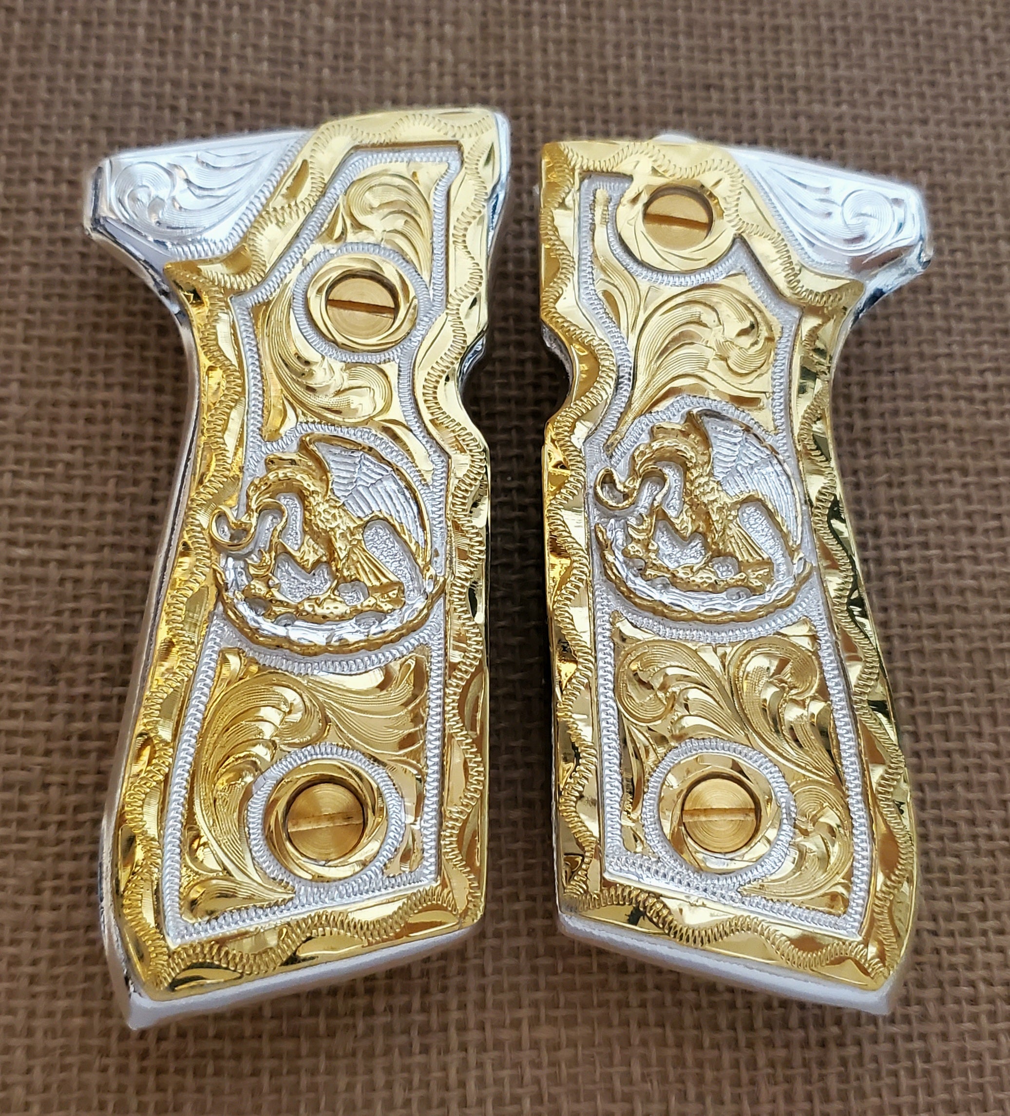 Mexican eagle aguila mexicana Premium pietro beretta 92fs narco style grips 24k gold Plated custom made engraved