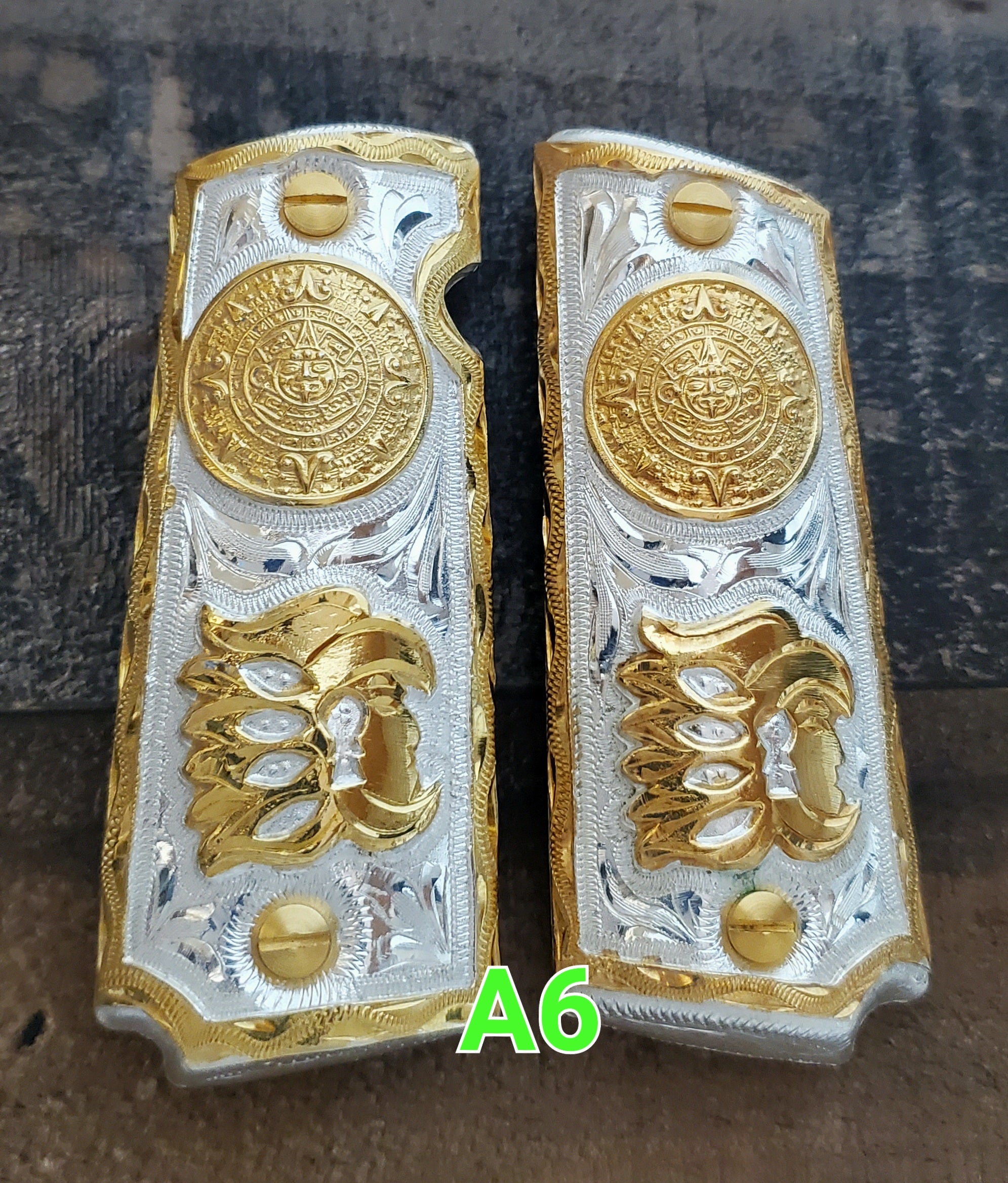 Calendario azteca cachas gun grips 1911full size custom engraved 24k gold plated