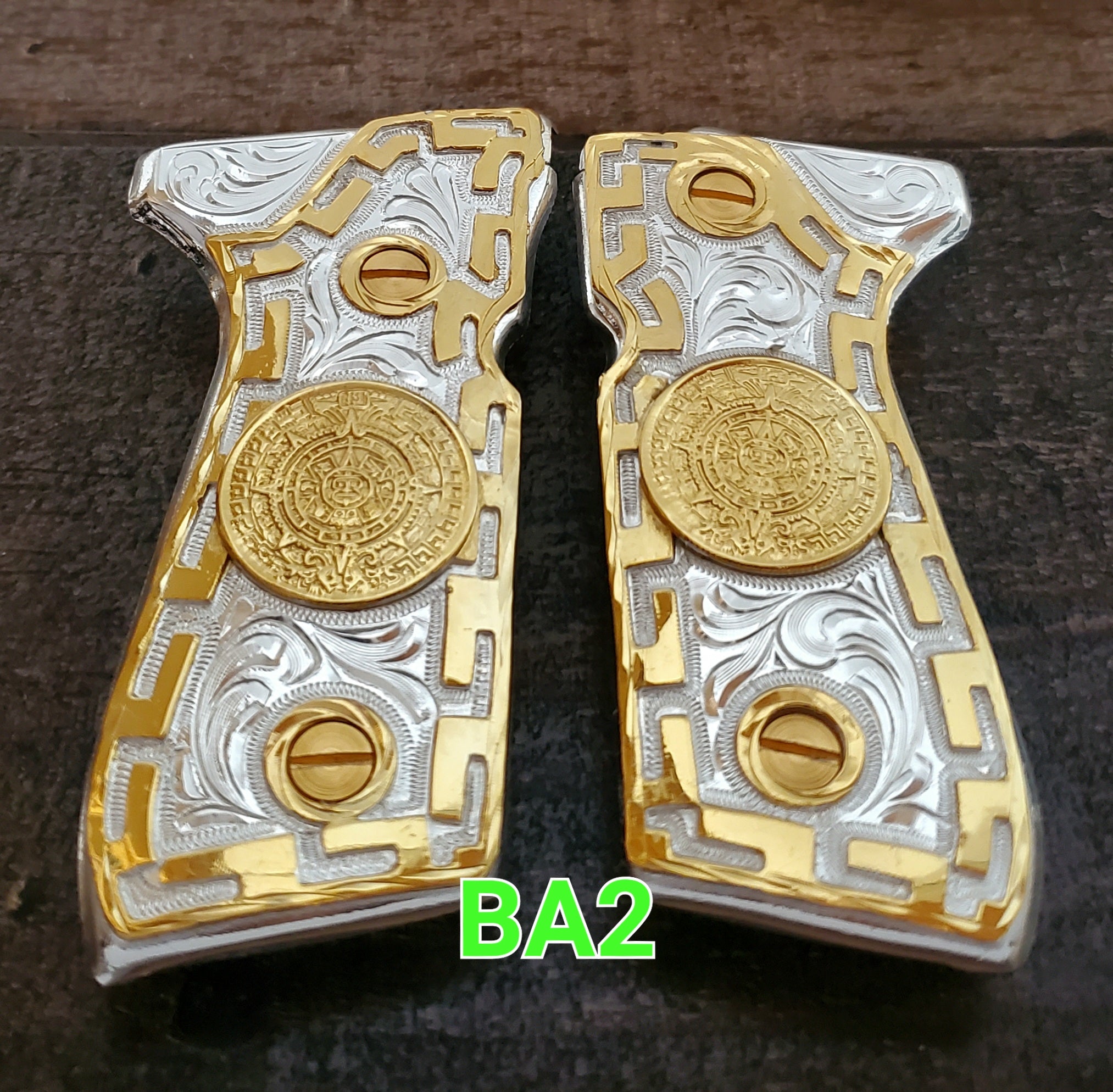 Calendario azteca premium custom made beretta 92fs cachas pistol grips 24k gold Plated