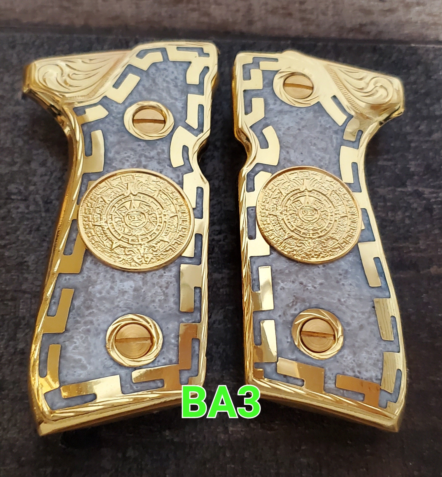 Calendario azteca premium custom made beretta 92fs cachas pistol grips 24k gold Plated