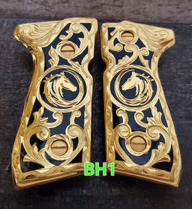 Horses caballos golden and black custom made beretta 92fs cachas pistol grips 24k gold Plated