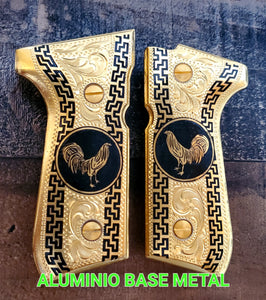 Rooster gallos Beretta 92fs mexican style cachas grips custom 24k gold plated