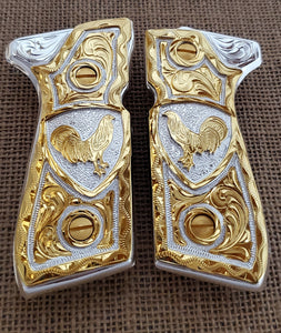 Rooster gallos Beretta 92fs mexican style cachas grips custom 24k gold plated