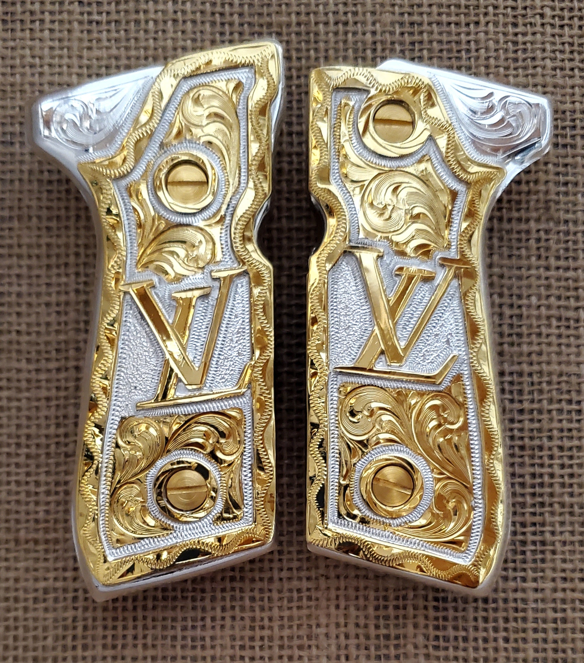 Lv Beretta 92fs 9mm premium custom made cachas pistol grips 24k gold Plated