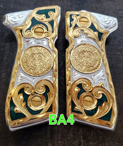 Calendario azteca premium custom made beretta 92fs cachas pistol grips 24k gold Plated