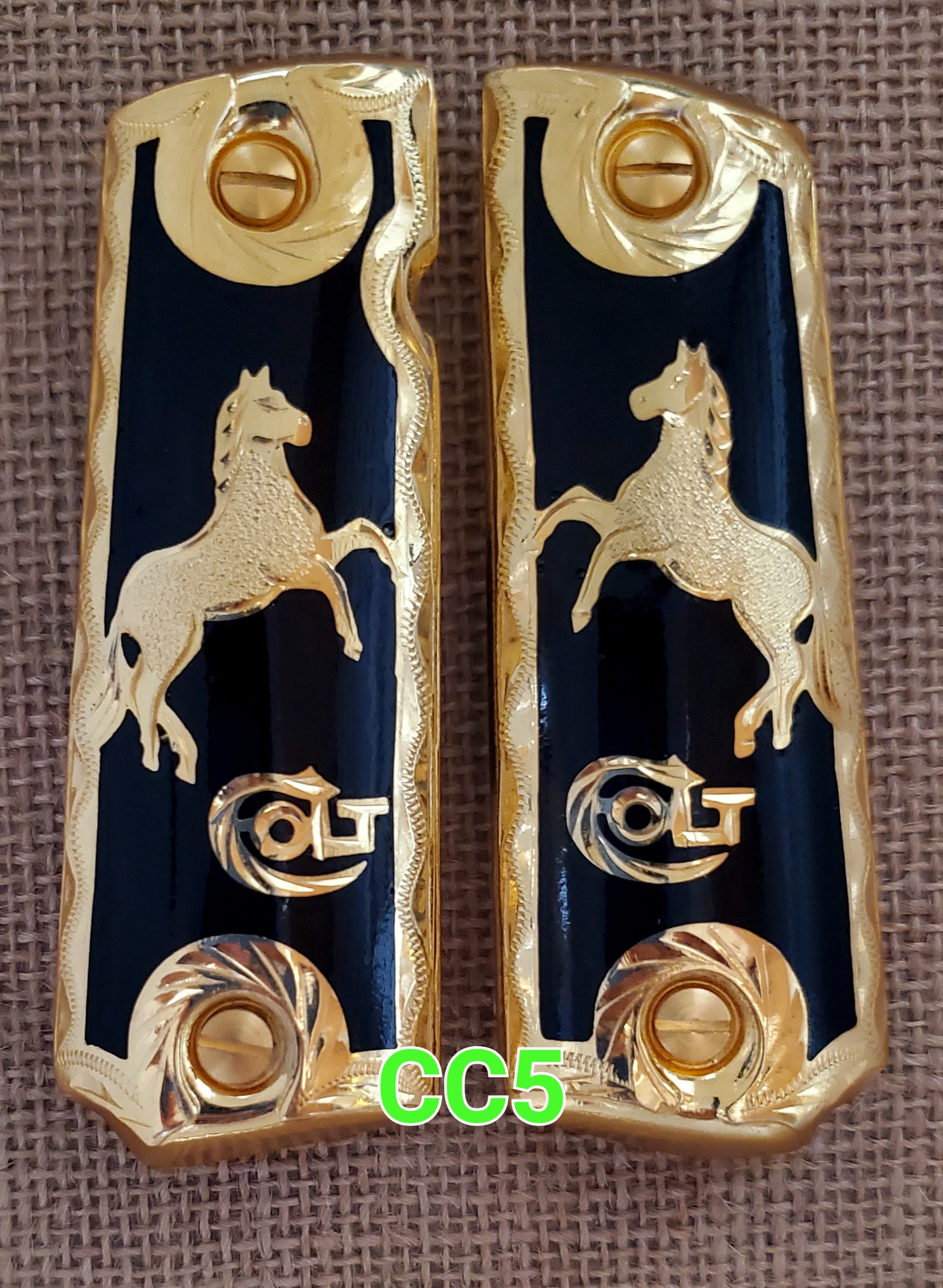 1911 caballitos logo narco mexican style government gun grips cachas 24k gold plated