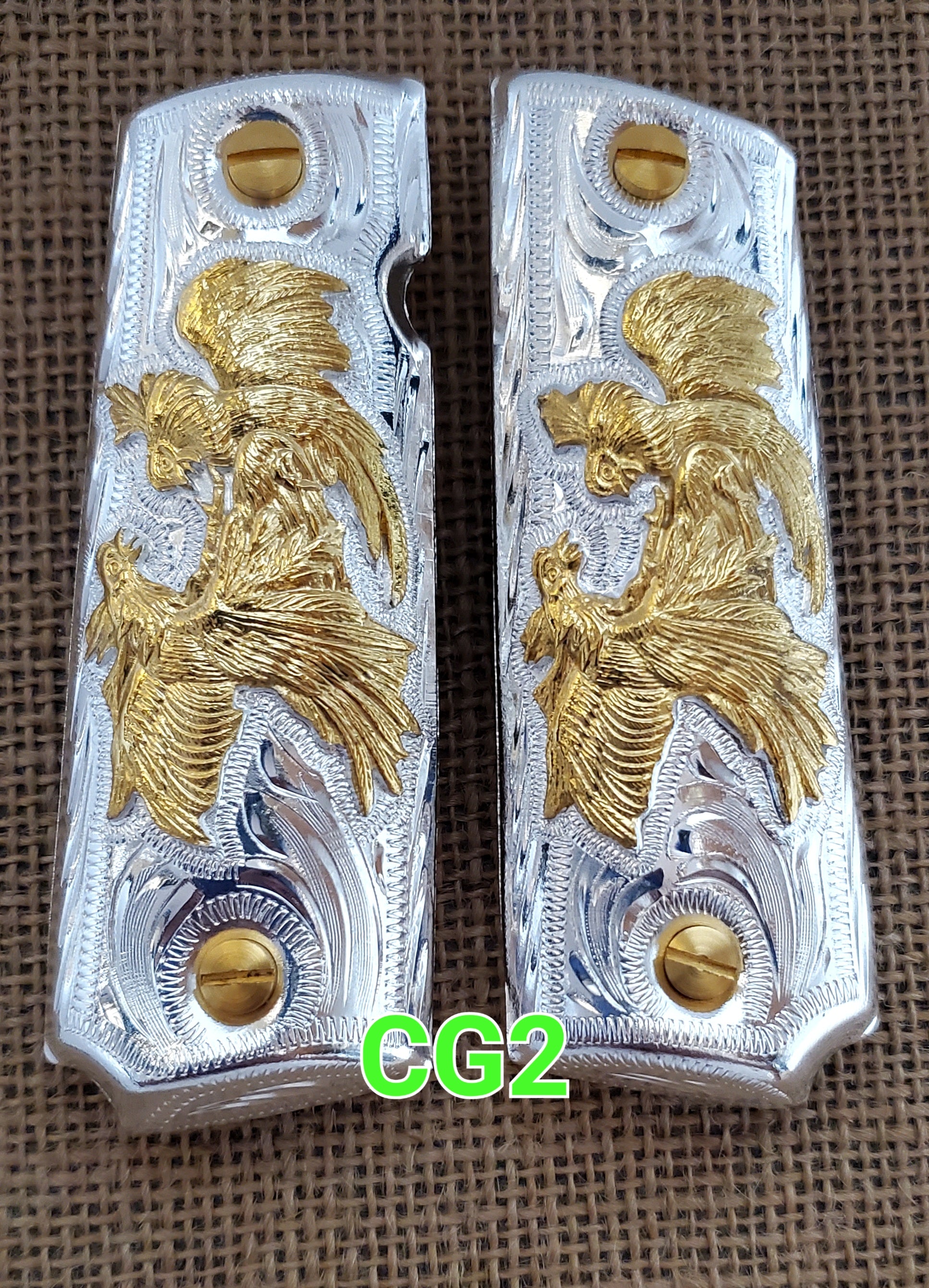 Gallos rooster palenque golden and silver 1911 full size mexican premium gun grips cachas gold plated