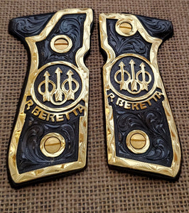 Beretta 92fs 9mm logo black,red,blue,silver,brown,golden and rose gold custom made cachas pistol grips 24k gold Plated