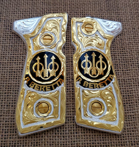 Beretta 92fs 9mm logo black,red,blue,silver,brown,golden and rose gold custom made cachas pistol grips 24k gold Plated