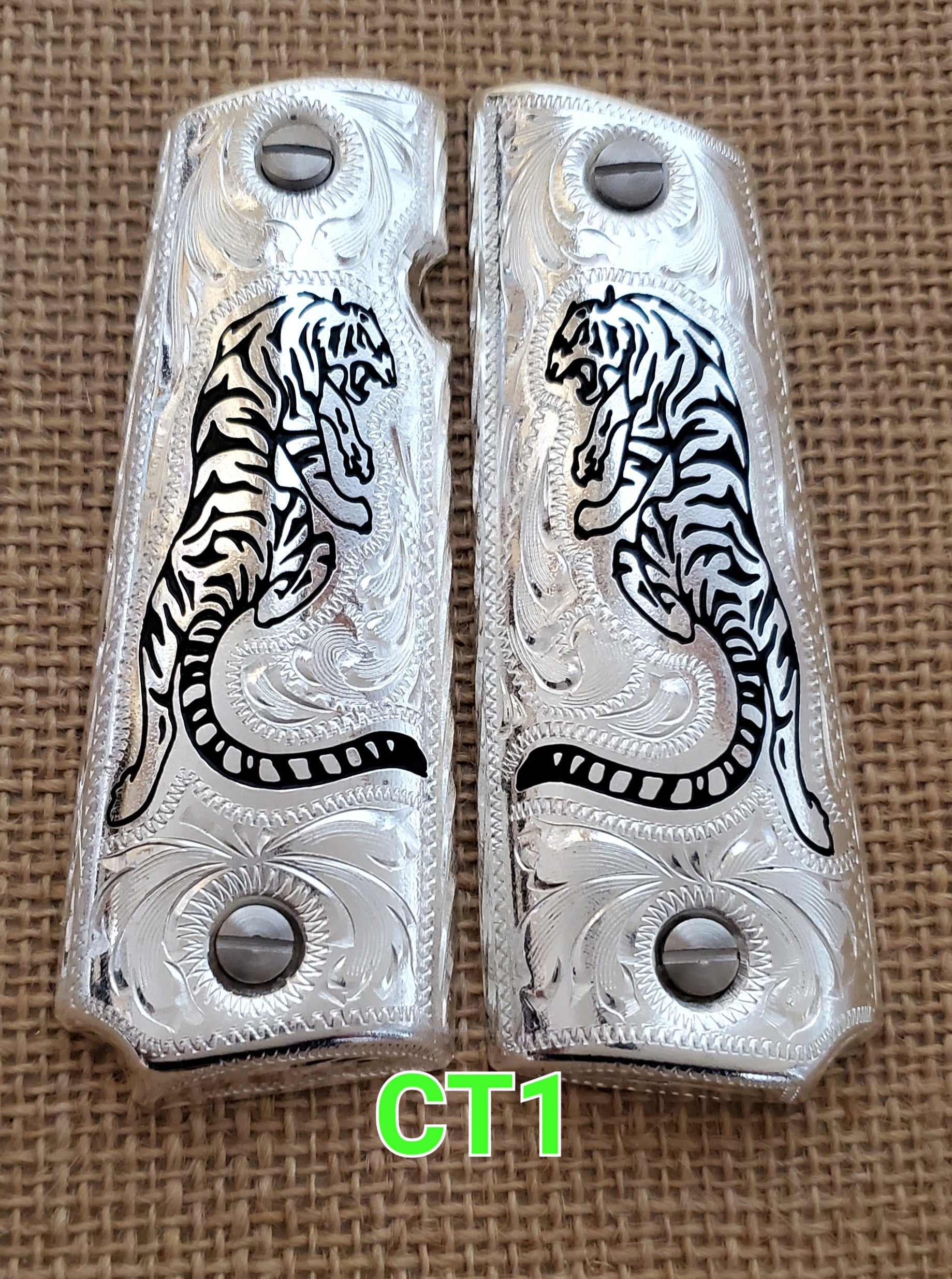 1911 grips tiger mexican style government gun grips cachas silver plated