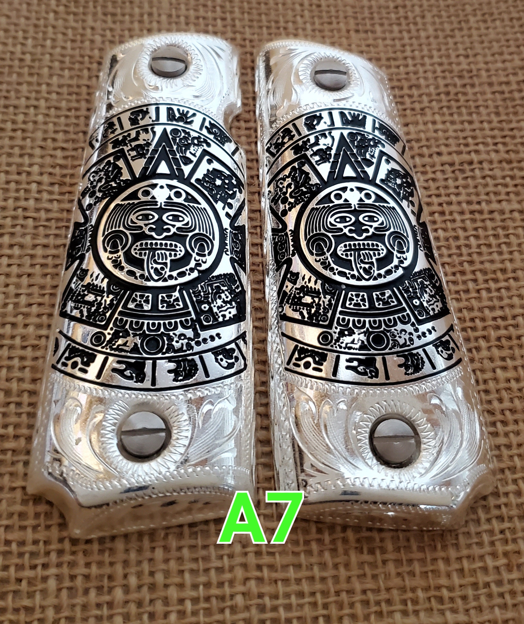 Calendario azteca cachas gun grips 1911full size custom engraved 24k gold plated