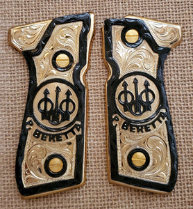 Beretta 92fs 9mm logo black,red,blue,silver,brown,golden and rose gold custom made cachas pistol grips 24k gold Plated