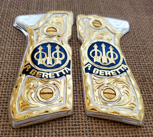 Beretta 92fs 9mm logo black,red,blue,silver,brown,golden and rose gold custom made cachas pistol grips 24k gold Plated