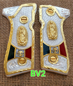 Virgin virgen de guadalupe Beretta 92fs cachas 24k gold Plated best mexican engraved Grips