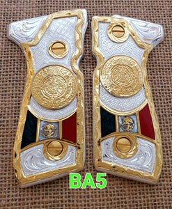 Calendario azteca premium custom made beretta 92fs cachas pistol grips 24k gold Plated