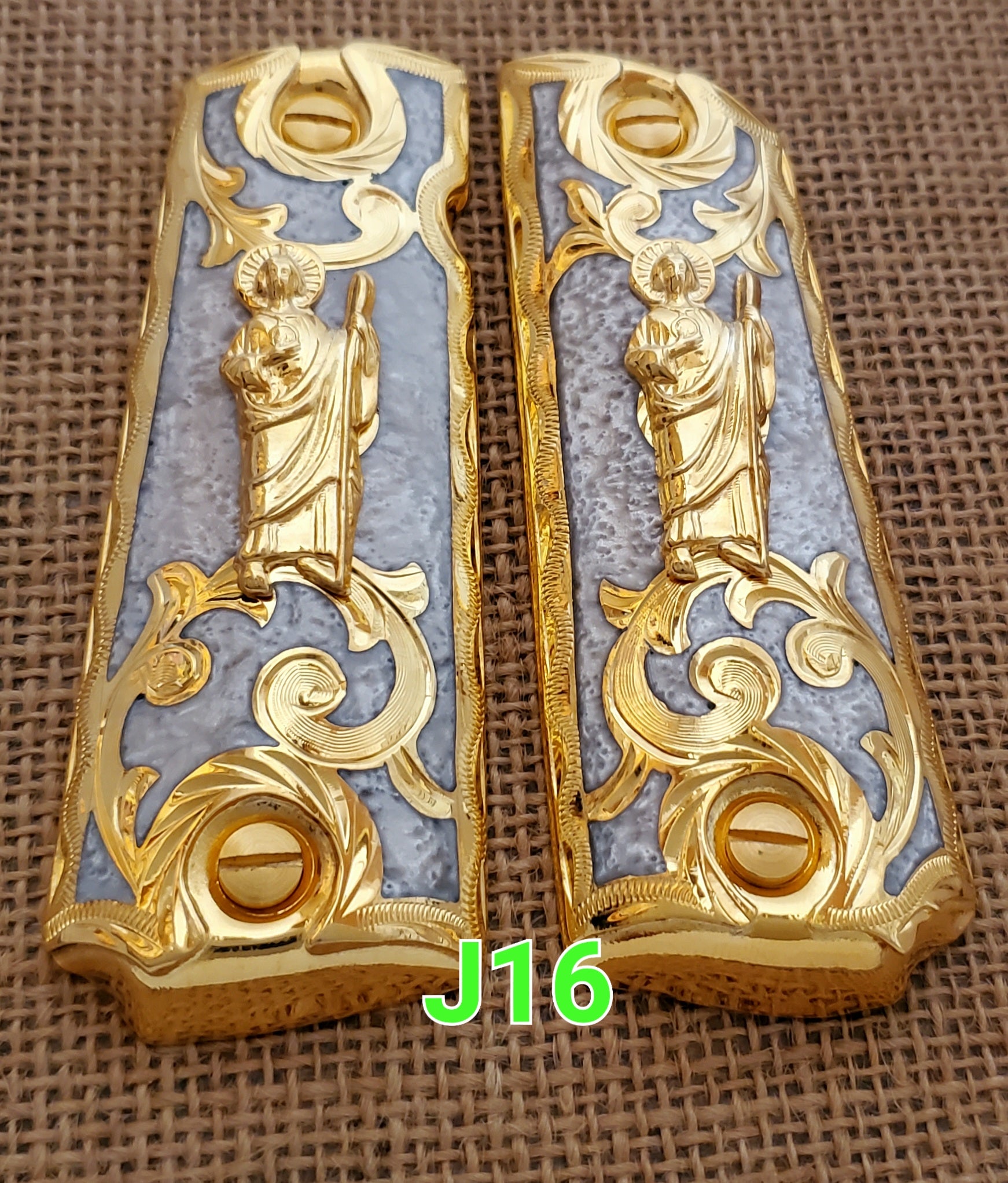 Cachas 1911 saint Jude narco mexican style government gun grips cachas 24k gold plated