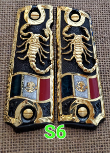 1911 scorpion alacran narco mexican style government gun grips cachas 24k gold plated