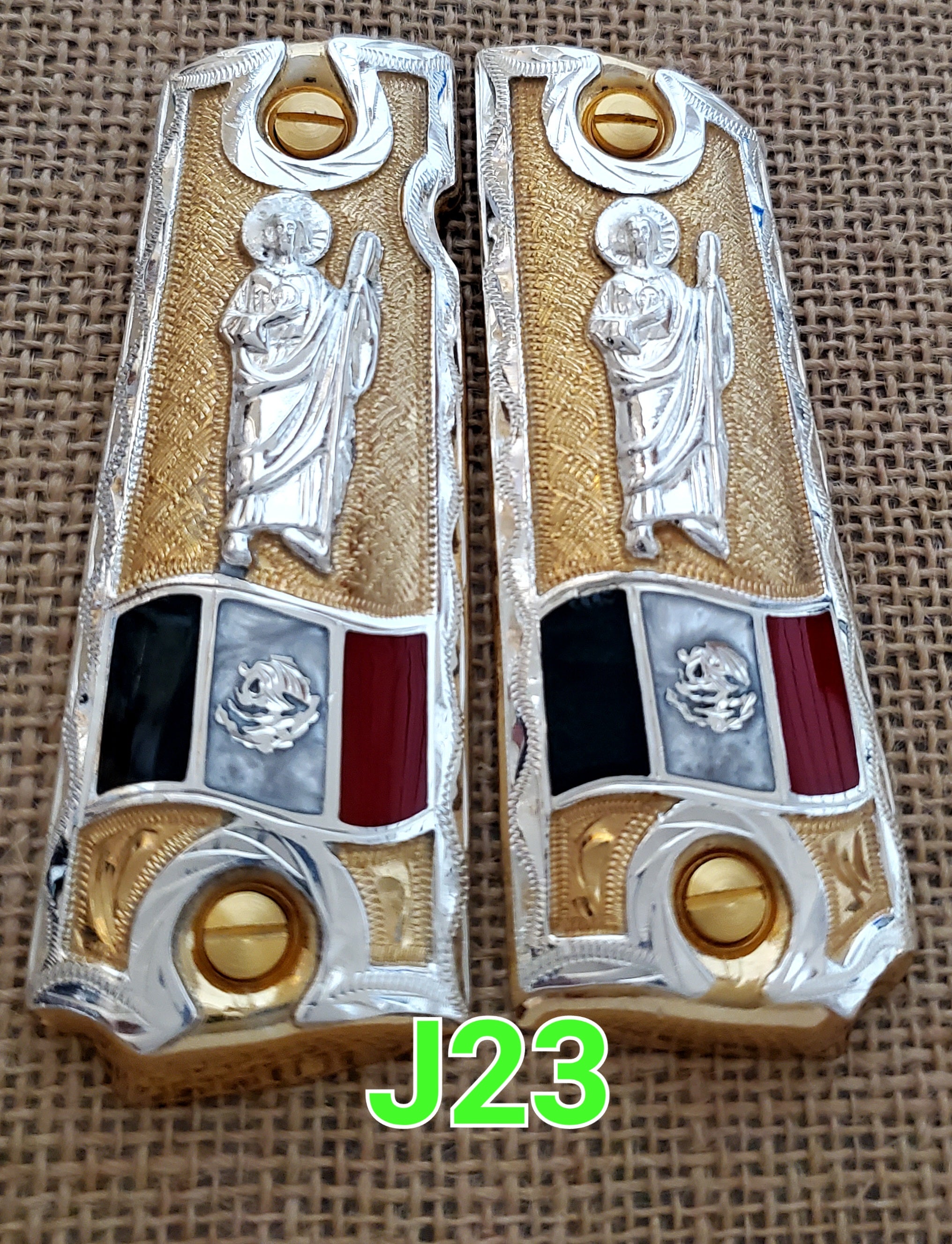 Cachas 1911 saint Jude narco mexican style government gun grips cachas 24k gold plated