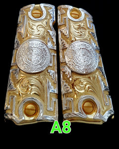 Calendario azteca cachas gun grips 1911full size custom engraved 24k gold plated