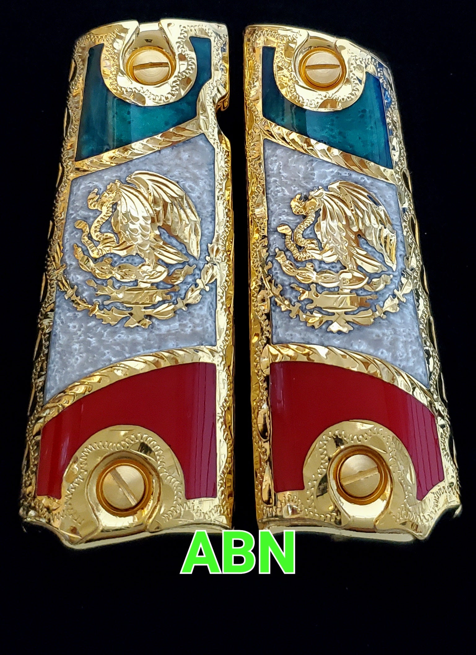 1911 mexican flag narco style government gun grips cachas bandera mexicana 24k gold plated