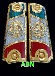 1911 mexican flag narco style government gun grips cachas bandera mexicana 24k gold plated