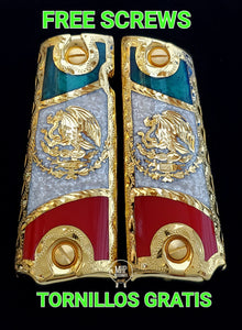 1911 mexican flag narco style government gun grips cachas bandera mexicana 24k gold plated