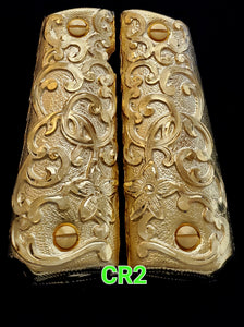 Floral rameado style 1911 full size custom premium gun grips cachas gold and silver plated