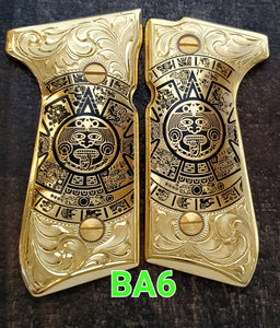 Calendario azteca premium custom made beretta 92fs cachas pistol grips 24k gold Plated