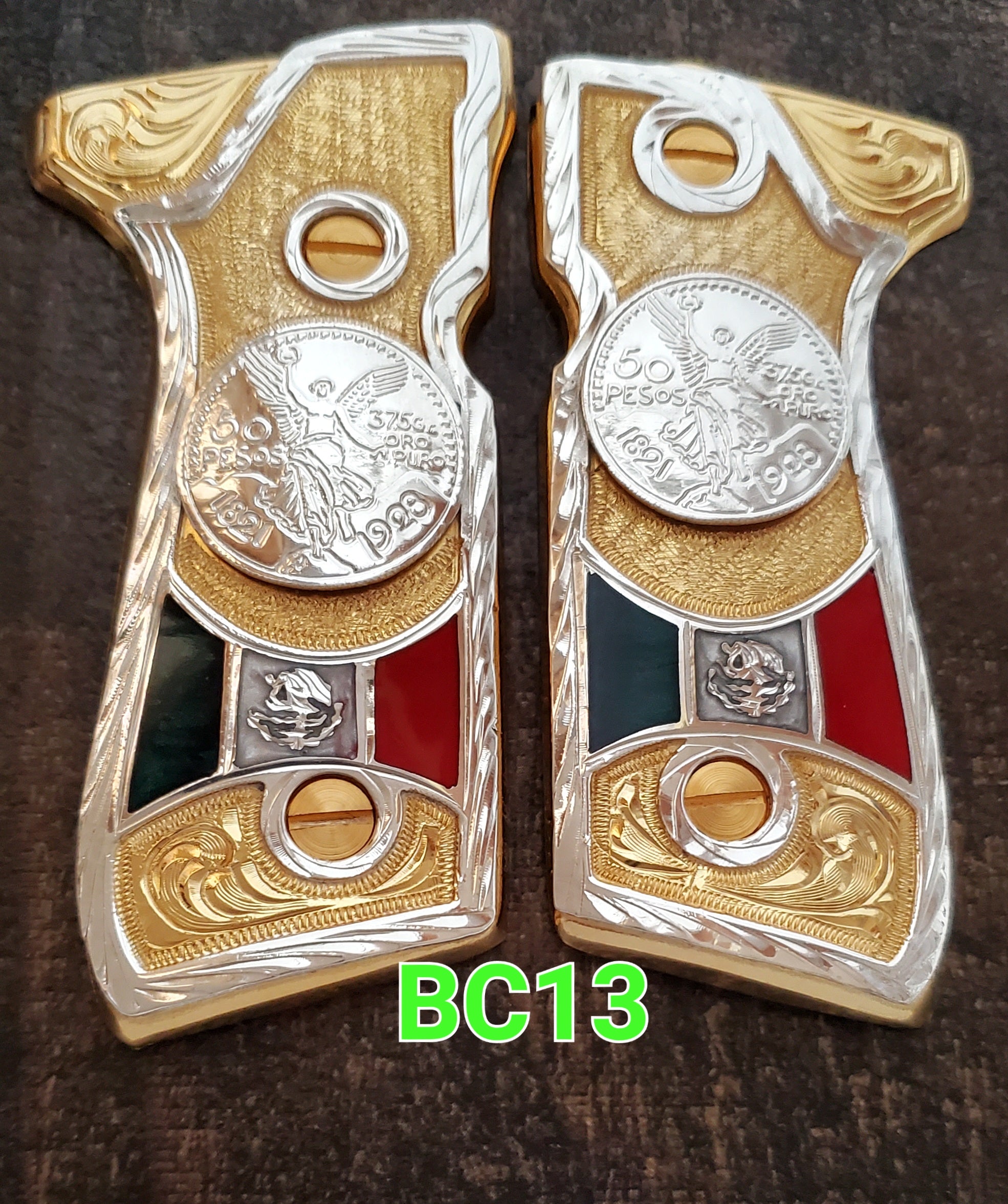 centenarios silver,black,golden custom made beretta 92fs cachas pistol grips 24k gold Plated