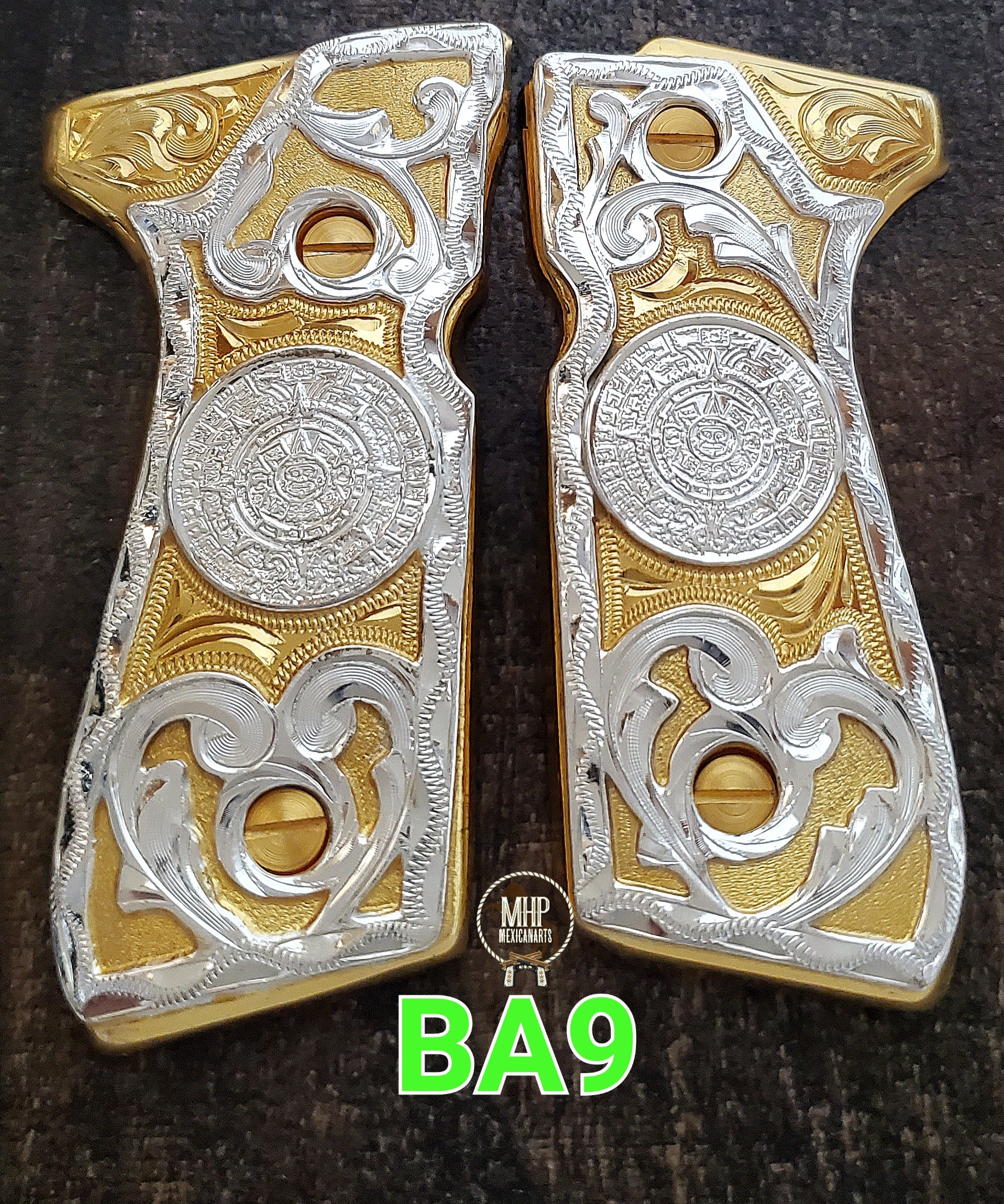 Calendario azteca premium custom made beretta 92fs cachas pistol grips 24k gold Plated