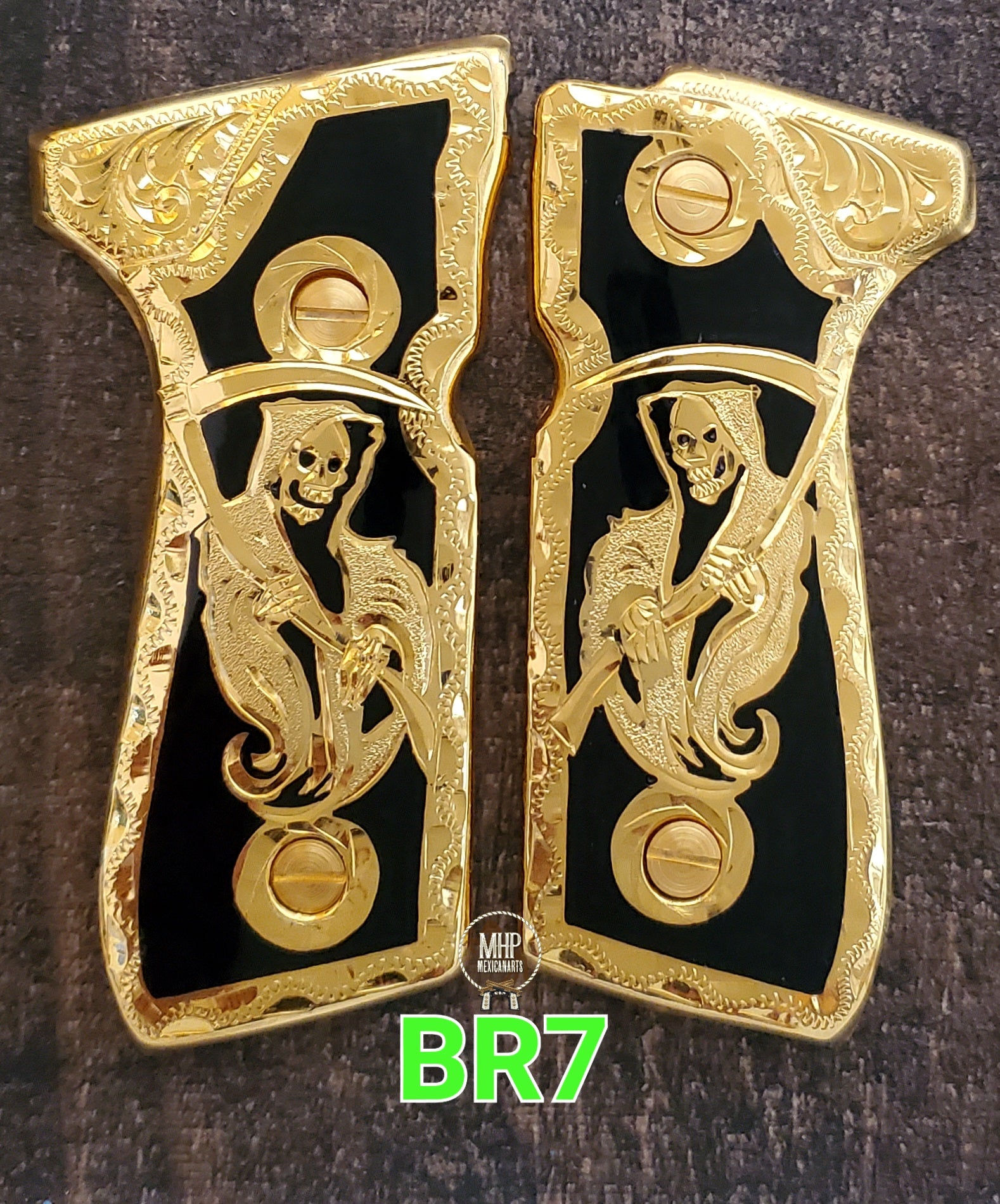 Santa muerte Reaper Beretta 92fs cachas 24k gold Plated best mexican engraved Grips