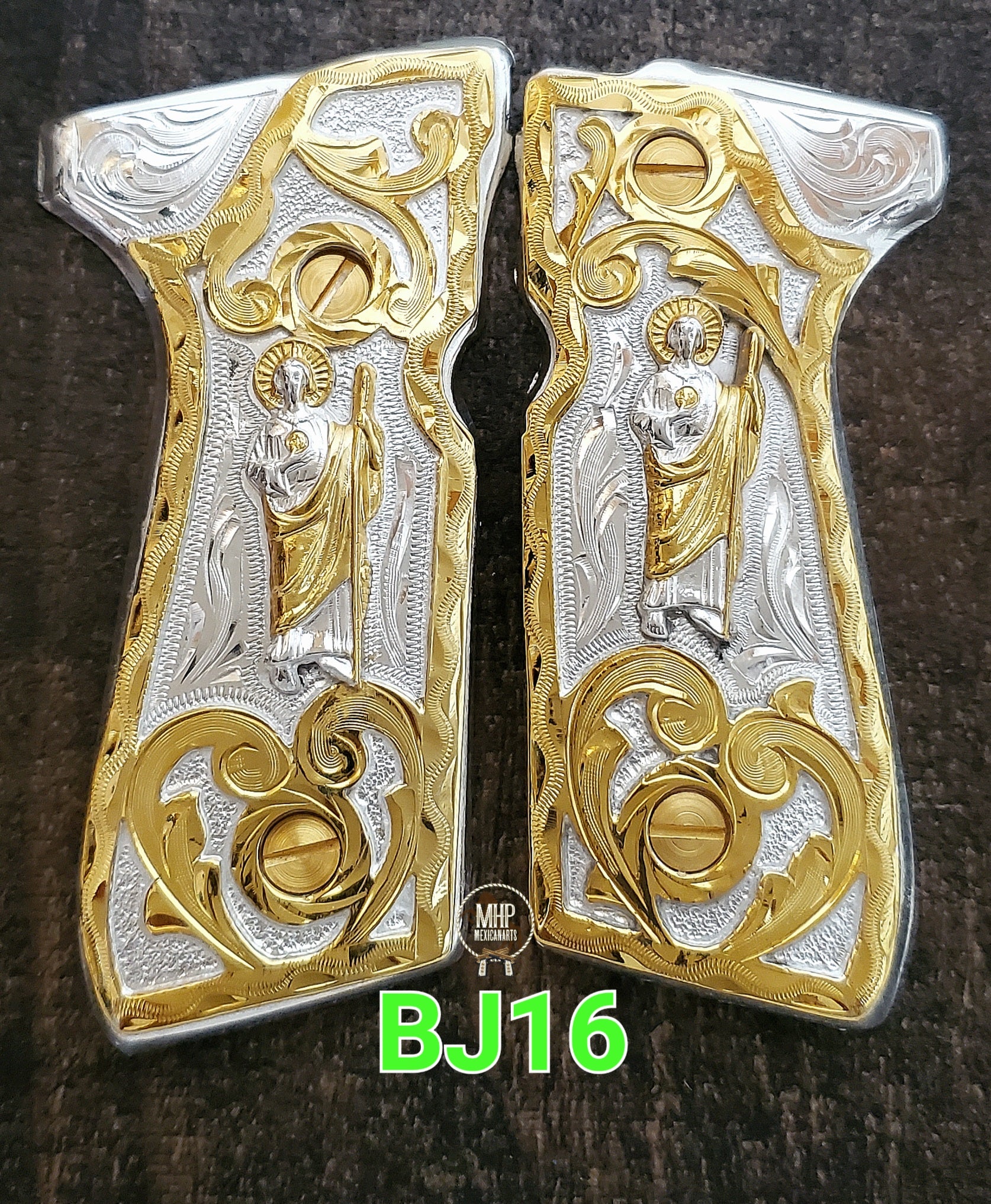 San judas saint jude custom made premium cachas pistol grips 24k gold Plated beretta 92fs